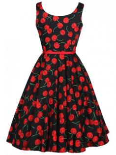Black Retro 50s Audrey Hepburn Style Cherry Printed Sleeveless Vintage Tutu Swing Evening Party Chiffon Dress