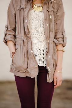 
                    
                        styling maroon jeans, booties, a crochet top/tank, and tan jacket! cute :)
                    
                