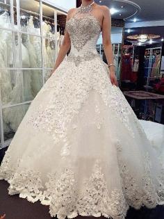 A-line/Princess High Neck Sleeveless Beading Cathedral Train Tulle Wedding Dresses