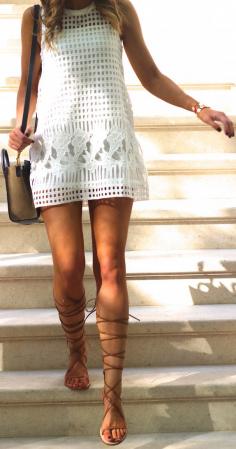 Street Style, May 2015: Brooke Carrie Hil is wearing a white dress and beige lace up sandals from Zara