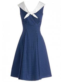 Retro 50s Audrey Hepburn Style Dress Blue Polka Dot Sleeveless Navy Collar Vintage Swing Rockabilly Wasit Dress