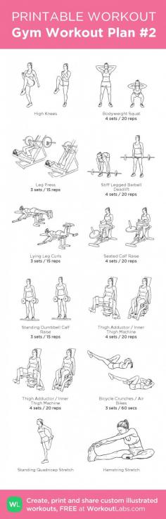 Gym Workout Plan #2: Legs. Instead of high knees do 5' warm up on treadmill, and at the end replace the abs with 10' HIIT on stationary bike followed by 5' low intensity for cool down before stretching. my custom printable workout by @WorkoutLabs #workoutlabs #customworkout #workoutplan #workout #fitness #exercise #weightloss