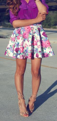 Purple top with floral skirt. #style #outfit #fashion