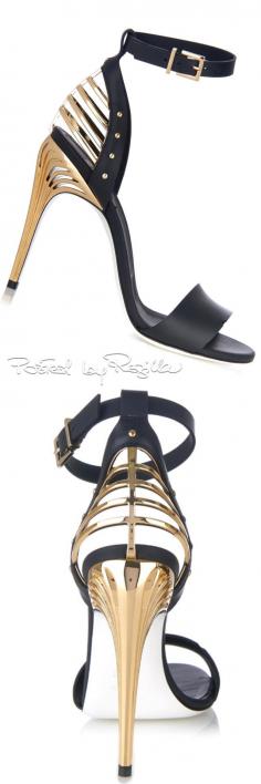 Fendi ~ Black Leather Sandal Heels w Gold Accents, 2015