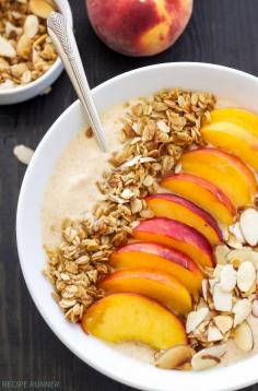 
                    
                        Peach Pie Smoothie Bowl | Pour your smoothie into a bowl and cover it with delicious peach pie inspired toppings!
                    
                