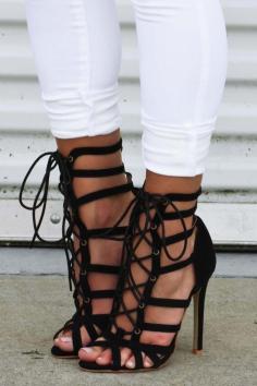 Black suede strappy lace-up high heels