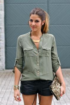 Khaki shirt, black shorts + gold accessories (collar necklace and Zara sequin clutch)