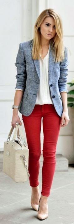 loving the gray blazer paired with red skinnies!