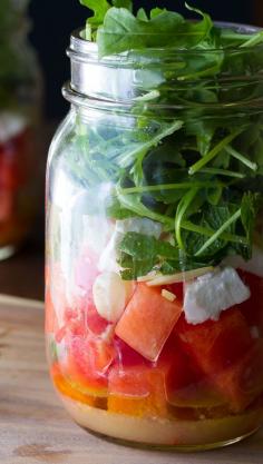 
                    
                        Watermelon, Feta and Arugula Mason Jar Salads | sweetpeasandsaffr... Denise | Sweet Peas & Saffron
                    
                