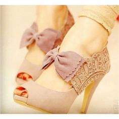 Womens Pastel Pink Peep Toe Lace and Suede High Heels W Bow Bows