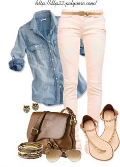 Women's Fashion: Spring + Summer Style (Chambray Denim Shirt Top, Colored Skinny Jeans, Spike Strap Sandals, Brown Leather Messenger Bag Purse, Owl Stud Earrings, Bangle Bracelets) | #womensfashion
