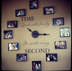 "Time spent with family is worth every second" wall clock. Then have the right number of people in each picture to correspond with a number on a clock. #diy #craft #crafts #idea #ideas #home #howtomake #howtobuild #family #pinterest #love @Mad4Clips