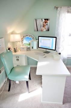 Cute home office space. Love the wall color!