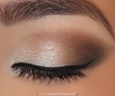 Neutral eye shadow look with silver and brown eyeshadow, shimmery lid and smoky outer v.