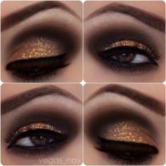 smoky sparkly eye - mac's carbon on crease & soft brown blended out around eyes (include bottom.) naked palette virgin on brow bone. pat makeup forever diamond dust on lid w/o medium. stila onyx pencil on water line & inglot's gel liner on top lid (use angle brush) #dark #gold #smoky #eye #makeup #dramatic