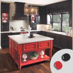 Lake House - black cabinets kitchen with black painted kitchen cabinets and red painted kitchen island