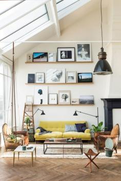 dream home | living room | yellow sofa + ledge shelving gallery wall