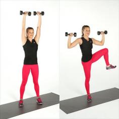 Plyometric Workout for Women – Jump, Twist and Lift – Shoulder Press and Side Crunch – Stand holding dumbbells at shoulders. With palms facing forward, press weights overhead, straightening arms. As you bend your elbows to lower weights, lift left knee up toward left elbow. Squeeze abs to exaggerate side crunch. Lower leg while raising weights overhead, and repeat the side crunch on the right. This completes one rep. Do 15 reps, alternating sides