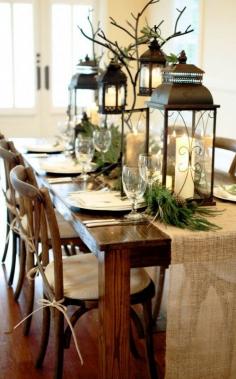 50 Stunning Christmas Tablescapes - Christmas Decorating - Loving the burlap runner and rustic feel of this table setting!