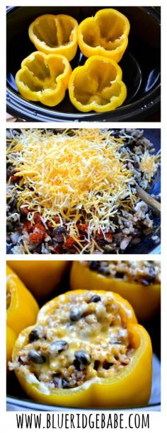 Vegetarian Crockpot Stuffed Peppers! Healthy, delicious, and takes less than 15 minutes to prep - the perfect easy dinner! Just use dairy free cheese to make it vegan!