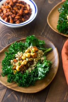 
                        
                            Mexican Quinoa Kale Wraps - Filled with crunchy chickpeas and sweet potatoes, these are perfect for  meatless monday | Foodfaithfitness.com | Taylor | Food Faith Fitness
                        
                    