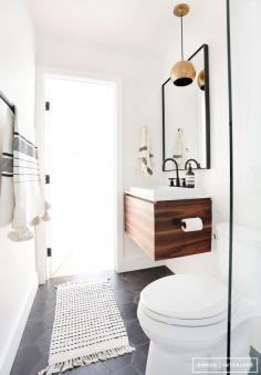 Great powder room  Floating vanity with the Issac 1 Light Pendant | California bungalow | Schoolhouse lighting
