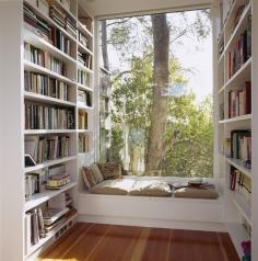 Perfect reading nook, library books, window seat, reading area, home library
