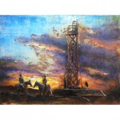 Heavily textured metal artwork originally hand painted depicting horses and an oil well of brown, blue, black, and gold. The painting is ready to hang out of the box. Full metal sheet, no additional framing required. Features: -Metal Artwork collectio.