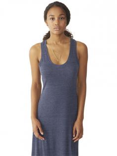 Dress up or down in this flattering racerback maxi dress in soft Eco-Heather Jersey. Features a raw-edge bottom hem for a casual look.