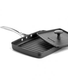 Thanks to its specially designed cooking surface, the Calphalon Unison Nonstick Grill Pan and Press allow you to prepare restaurant-quality paninis, burgers, and chicken. The Sear Nonstick surface keeps your food from sticking to the pan, even when you using it at very high temperatures. Heat up the press on one burner while you heat the grill pan on another burner. Place your sandwich on the grill pan and place the heated press on top. You'll be able to quickly make perfect paninis that are toasted on both sides with a delectable, soft middle. Use the grill pan by itself for perfectly grilled meats, poultry and seafood. The ridges give your food beautiful grill marks, and they allow fat to drain off your food, so you can enjoy healthier meals. Because the surface is nonstick, you won't have to add much oil or fat to the pan, another way this combo can contribute to a healthier lifestyle. The grill pan's long handle resists heat, so you can handle it safely. This handle fits comfortably into your hands, making it easy to transport the pan to your sink. If you need to keep your food warm while you're waiting for your spouse to get home from work, simply pop it in your oven: it's oven safe to 500 degrees F. After you're done with the grill pan and press, you can wash it in your dishwasher. With no complicated clean up and quick cooking times, this combo is a real time saver.