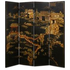 A panorama view of Chinese scenery is depicted on this grand four-panel screen. Intricate details of figures and architecture are vividly hand-carved in Chinoiserie motif against the matte-finished black background. A fine example of classic Chinese screen art. Gold bamboo trees are softly painted on the back.