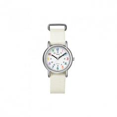 This lovely women's weekender watch from Timex features a silvertone brass case with a white nylon strap. The white dial sets the stage for black hands and multi-color Arabic numerals for easy time-telling. All measurements are approximate and may vary slightly from the listed dimensions. Women's watch bands can be sized to fit 6.5-inch to 7.5-inch wrists. Click here to view our Watch Sizing Guide. This item cannot be shipped to a PO Box.