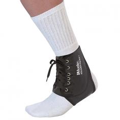 Easy, adjustable application provides comfortable fit for all users. Steel springs help protect both sides of the ankle. This one size brace helps support and protect weak or injured ankles. Ideal for sprains and strains and allows full range of movement. Soft, pliable vinyl conforms to your foot. Lightweight and comfortable for all-day wear, it will fit in any shoe. Patented Adjust-to-Fit&trade; side panels for custom fit and controlled compression. Supportive steel springs for protection. Adjust-to-Fit&trade; sides give proper fit for shoe sizes. (from women's size 6 to men's size 18) Reinforced eyelets for durability. Lightweight and comfortable with nylon tricot/foam lining.