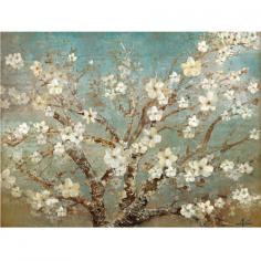 Yosemite Home Decor introduces a beautiful painting on printed canvas of an almond tree in bloom. The white flowers pop off of the canvas against the blue, brown background. The painting is printed on silver canvas for added detail and sheen. Half of the painting has colored gel embellishments for added charm. Welcome home this gorgeous canvas that will complement any room in the home.