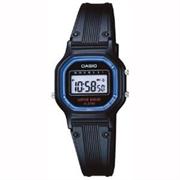 Casio LA11WB-1 Classic Sports alarm women's watch features a 25mm wide and 8mm thick black resin case with a fixed blue bezel and textured function pushers. Casio LA11WB-1 is powered by a reliable quartz movement. This attractive watch also features a sharp looking black and grey dial with date display function. This beautiful watch also features daily alarm, countdown timer, measuring unit: 1/10 second, 1/100 second digital stopwatch, Measuring capacity: 59'59.99", measuring modes: net time, hourly time signal, auto calendar, accuracy: +/-30 seconds per month, battery SR1116W/CR1216, approximately battery life: 2 years, protected by scratch resistant mineral crystal and water resistant. Casio LA11WB-1 is equipped with a 16mm wide black rubber strap with a buckle clasp. Casio LA11WB-1 women's Classic Sports daily alarm digital watch is brand new and comes in an original Casio gift box and is backed by a 1 year manufacturer warranty.