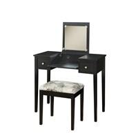Dimensions: 36W x 18D x 30H inches. Deep black vanity with flip-top mirror. 2 generously sized storage drawers. Sturdy rubberwood construction. Matching stool with plush, patterned cushion. Some easy assembly required. Primp and prime until your heart is content in front of the Elaine Black Bedroom Vanity Set. This deep black vanity provides ample storage space for all sorts of necessary goodies. With two storage drawers and a large table top area you'll have all the space you need and then some for brushes makeup appliances etc. The square mirror flips up and has a safety stay hinge to prevent it from closing until you'd like it to. Vanity comes complete with a matching fabric covered stool in a pretty decorative pattern in black white and gray. Perfect for you or your favorite teen or tween this beautiful little vanity will look absolutely lovely wherever it lives. The Elaine Black Vanity measures 36W x 18D x 30H inches. About Linon Home Decor Linon Home Decor Products has established a reputation in the market for providing the best trend-right products at the right price while offering excellent quality style and functional furnishings to every room in the home. Linon offers a broad selection of furnishings for today's discriminating and demanding retail environments. They offer outstanding values for every room; a total commitment of quality service and value that is unsurpassed in their industry.