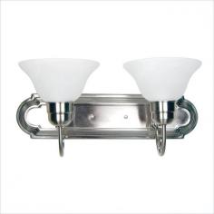 The 2-Light Incandescent Bathroom Vanity. Its Satin Nickel frame curves upwards to firmly support the light. The incandescent bulb is wrapped in a soft Alabaster glass covering allowing light to brightly flood your room. Features Satin nickel frame with alabaster shades Built to last metal with glass construction Requires 2 medium-based 60 incandescent bulb & #47&#59;s & #40&#59;not included & #41&#59; Design installs easily in the wall or posts to light up passageways walkways and hallways UL-rated for damp locations Specifications Fixture Color & #47&#59;Finish Family - Satin Nickel Number of Bulbs Required - 2 Recommended bulb type - E-27 Wattage & #40&#59;watts & #41&#59; - 120 W Dimension - 9 L x 19.5 W x 9 H in.
