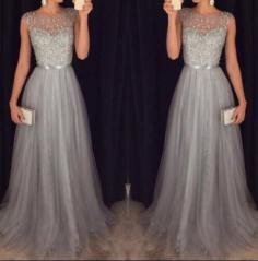 A-line Illusion Neck Beaded Bodice Gray Tulle Skirt 2016 Prom Dress APD1715