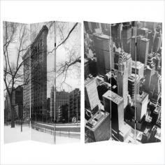 OFN1958: Features: -Room divider-It is show a dramatic black and white photo, seen through the branches of trees in winter-Reverse side shows the Manhattan skyline with a focus on the Chrysler Building-Wood frame covered in durable canvas-City theme features two famous New York skyscrapers-Blocks light and provides privacy. Collection: -Screen is part of a collection of a dozen room dividers with prints of famous architectural landmarks.