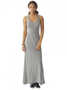 Dress up or down in this flattering racerback maxi dress in soft Eco-Heather Jersey. Features a raw-edge bottom hem for a casual look.