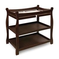 The lastest color in traditional enduring style! Hardware and assembly system is a breeze to put together; and most of the hardware is concealed so the attractive styling of the table is not interrupted! The changing table features two nicely sized shelves and ample room on top for changing diapers or dressing your baby. Overall size of 37.5L x 19W x 37.5H. Shelves measure 32L x 17.5D with a 1-3/8 lip around all four edges to keep items from falling off. Height between shelves is 11.5 inches. Changing table is made of quality hardwood with a non-toxic Espresso finish. When Baby outgrows this table it becomes a useful and attractive piece of furniture for holding clothes or toys. Also includes a changing pad and safety strap. Safety rails enclose all four sides around the top of the table. Metal support bar beneath the changing surface provides additional stability. With the addition of two or four of our handy baskets (sold separately) it makes it easy to store and organize your changing supplies! Visit our Baskets department to browse our selection! Illustrated assembly instructions included. Wipe clean with mild soap and a damp cloth when needed. Actual color/finish may vary slightly from screen display due to differences in computer display technology. Toys baskets and accessories shown with the table are for illustration purposes only and are not included with the product. Changing table can be used with children weighing up to 30 lbs. (13.6 kg).