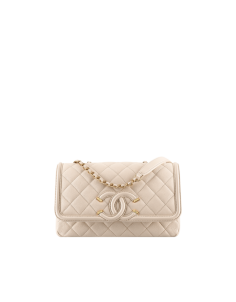 flap bag, grained calfskin & calfskin-light beige - CHANEL