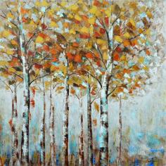 A line of white birch trees line this hand-painted canvas from Yosemite Home Decor. The leaves on the birch trees are a mixture of shades of yellow orange and brown. The abstract aspect of this piece creates a unique look. The contrast in colors creates a stunning piece of artwork perfect for any home or office. Artist: N/A Title: I Know Places Product type: Hand-painted, synthetic fabric canvas with inner wood frame wrapped with the canvas Style: Contemporary Format: Square Size: Extra large Subject: Still life Image dimensions: 39.4 Inches high x 39.4 Inches wide x 2 Inches deep Outer dimensions: 39.4 Inches high x 39.4 Inches wide x 2 Inches deep