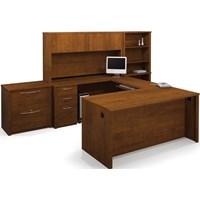 Dimensions: 127.375L x 91.5W x 66.75H inches. U-shaped workstation kit. Engineered wood construction with melamine top. 5 shelves, 4 cabinets, lateral file cabinet. Medium Tuscany Brown finish. 10 year warranty. Keep paperwork organized and off your desk with the Bestar Embassy U-Shaped Workstation and Accessories Kit - Tuscany Brown. This super-organized workstation kit is full of helpful features including a typing shelf that glides out on smooth ball bearings. The keyboard shelf can be installed under the executive desk credenza return table or bridge. You choose. A large two-drawer lateral file keeps documents organized and both drawers lock with a single key. Two utility drawers sit above a deep file drawer with letter/legal filing system and the bottom two lock also. Four hutch cabinets keep you organized while rubber grommets organize wires. A tall five-shelf bookcase is perfect for manuals books and displaying ppersonal mementos. The smooth surface is a sturdy one-inch thick for strength with a hard commercial-grade melamine veneer that resists scratches and stains and cleans up with an easy wipe. Medium Tuscany Brown wood-grain finish. It's modular so it can be set up in various configurations and other useful matching components can be added. Meets or exceeds AINSI/BIFMA standards. Assembles easily. It's an office kingdom. About BestarEstablished in 1948 and based in Canada Bestar is a third-generation family business involved in the design manufacturing and distribution of a wide range of ready-to-assemble furniture and furniture components. Bestar's mission is to create produce and distribute mid- to high-end ready-to-assemble furniture for home offices small commercial offices and home entertainment. Bestar offers a combination of price quality and service that exceeds the expectations of customers and consumers.