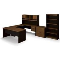 1 lock secures all drawers. Laminated engineered wood. Tuscany brown-black finish. Includes workstation, table, lateral file and bookcase. 2 file drawers with letter/legal filing system. Dimensions: 84.9L x 117.7W x 72.0H inches. About BestarEstablished in 1948 and based in Canada, Bestar is a third-generation family business involved in the design, manufacturing, and distribution of a wide range of ready-to-assemble furniture and furniture components. Bestar's mission is to create, produce, and distribute mid- to high-end ready-to-assemble furniture for home offices, small commercial offices, and home entertainment. Bestar offers a combination of price, quality, and service that exceeds the expectations of customers and consumers.