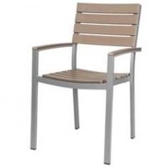 Features These Extra thick 2mm. Rustproof Powder Coated Aluminum chairs are very durable and stackable. Dura Wood (Synthetic Wood) has been through rigorous laboratory testing including 3000 hours of direct UV exposure Designed to commercial specifications for resorts hotels and the discerning homeowner. They are manufactured for commercial use in high traffic areas. Ideal for indoor or outdoor patios restaurants cafes weddings or for any gathering. Vienna Arm Chair Frame - Aluminum Seat & Back - Dura Wood Armrest - Dura Wood Aluminum Slats Color - Grey/Teak Dimensions - 22 in. x 22 in. x 35 in.
