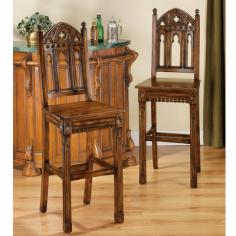 Sudbury Gothic Hardwood Bar Stool Feel like royalty as you relax into the wide-seated comfort of these full-back barstools created exclusively for Design Toscano! You ll admire our dark cherry-finished, hand-carved works for their quality hardwood construction as well as for their high Gothic-style charm. Modeled after English cathedral architecture, these hand-finished works of furniture art add an elegant reverence to any setting. 19"W x 17"D x 53"H. Seat: 30"H. 25 lbs.