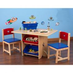 Table dimensions: 30L x 22W x 20.25H in. Includes 2 coordinating chairs. Strong and durable wood construction. Recommended for children ages 3-6. Table includes 4 storage bins. You and your child will love the fun and colorful KidKraft Star Table and Chair Set with Primary Bins. Crafted from strong and durable wood, this natural wood table features built-in storage to help keep items organized. The four, brightly colored bins are conveniently tilted for easy access and can be reached from either end of the table. Cutout stars on the back of the chairs provides a whimsical touch. Recommended for children ages three to six, this table is perfect for drawing, painting, playing with clay, and so much more! About KidKraftKidKraft is a leading creator, manufacturer, and distributor of children's furniture, toy, gift, and room accessory items. KidKraft's headquarters in Dallas, Texas serves as the nerve center for the company's design, operations, and distribution networks. With the company mission emphasizing quality, design, dependability, and competitive pricing, KidKraft has consistently experienced double-digit growth. It's a name parents can trust for high-quality, safe, and innovative children's toys and furniture. Give your little one the ideal place to explore arts and crafts, create construction projects, and host tea parties with plenty of extra room to share with friends. This KidKraft table-and-chairs set is built from durable wood and will provide the perfect space for hours of imaginative play. The brightly colored storage bins are set at an angle under the table, making it easy to keep favorite toys and supplies within reach. This set also makes a great spot for homework and reading.