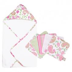 Get the Trend Lab 6-pc Hooded Towel and Washcloths set in paisley for your little girl or as a fantastic baby shower gift. These beautiful paisley printed baby cloths give you everything you need to get her successfully through bath time. This set contains a large hooded towel and 5 super absorbent washcloths. Each item is made of 100% cotton in a terry weave that is very soft and easily machine washable. With a stylish theme and traditional girl colors, these towels will be a big hit with your little girl. Machine wash in cold. Gender: Female.