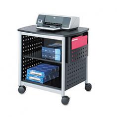 Make a design statement while adding essential function to your office workspace. This Scoot collection printer stand features a 2-shelf interior and plenty of space up top for a printer. The wheeled stand also has a side file pocket and unique perforated sides. Attractive black stand with unique hole pattern design. Adjustable shelf. Silver leg accents. Four casters with two locking. 200 lbs. weight capacity. Made from black powder coated steel with a black laminate top. Top: 26.25 in. L x 20.38 in. W. Overall: 26.50 in. W x 20.50 in. D x 26.50 in. H (38 lbs.). Assembly Instruction Get printer access that is just a Scoot away! With the Scoot desk-side printer stand your printer or fax is always within reach. Use the extra shelves for printer or fax supplies and easily keep other office supplies as well. Scoot through your day in your office, home office, in the classroom, training center, library, media center, mail room, print station, reception area or conference room. Boot Scoot and boogie through your day! An easy way to free up desk space and keep additional printing supplies close at hand. Large enough to accommodate most desk top printers and other small office machines.